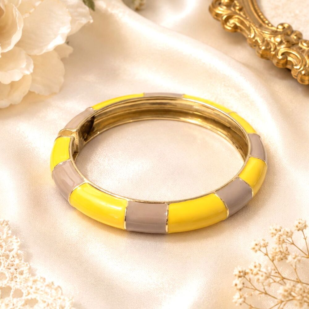 J. Crew Yellow Tan Enamel Hinged Gold Tone Bangle Bracelet Signed
